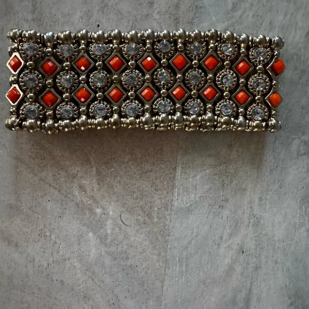 Anthropologie Gold-Tone Bracelet with Orange Accents and Clear Stones - Picture 4 of 5
